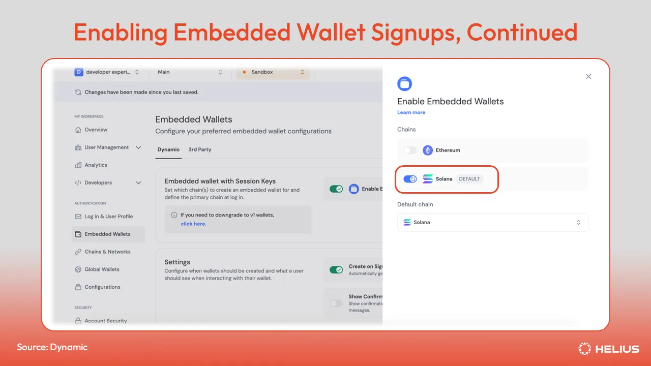 Toggle on Solana network support for your embedded wallets