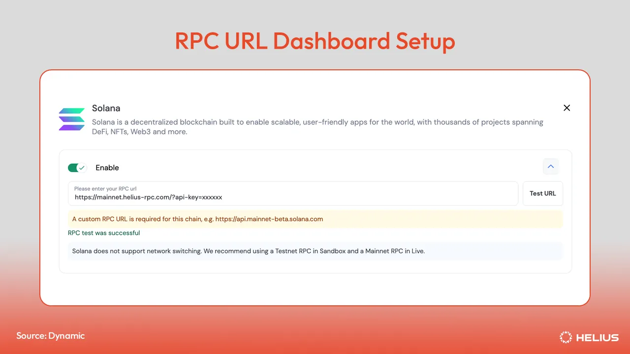 Adding your Helius RPC URL in the Dynamic dashboard