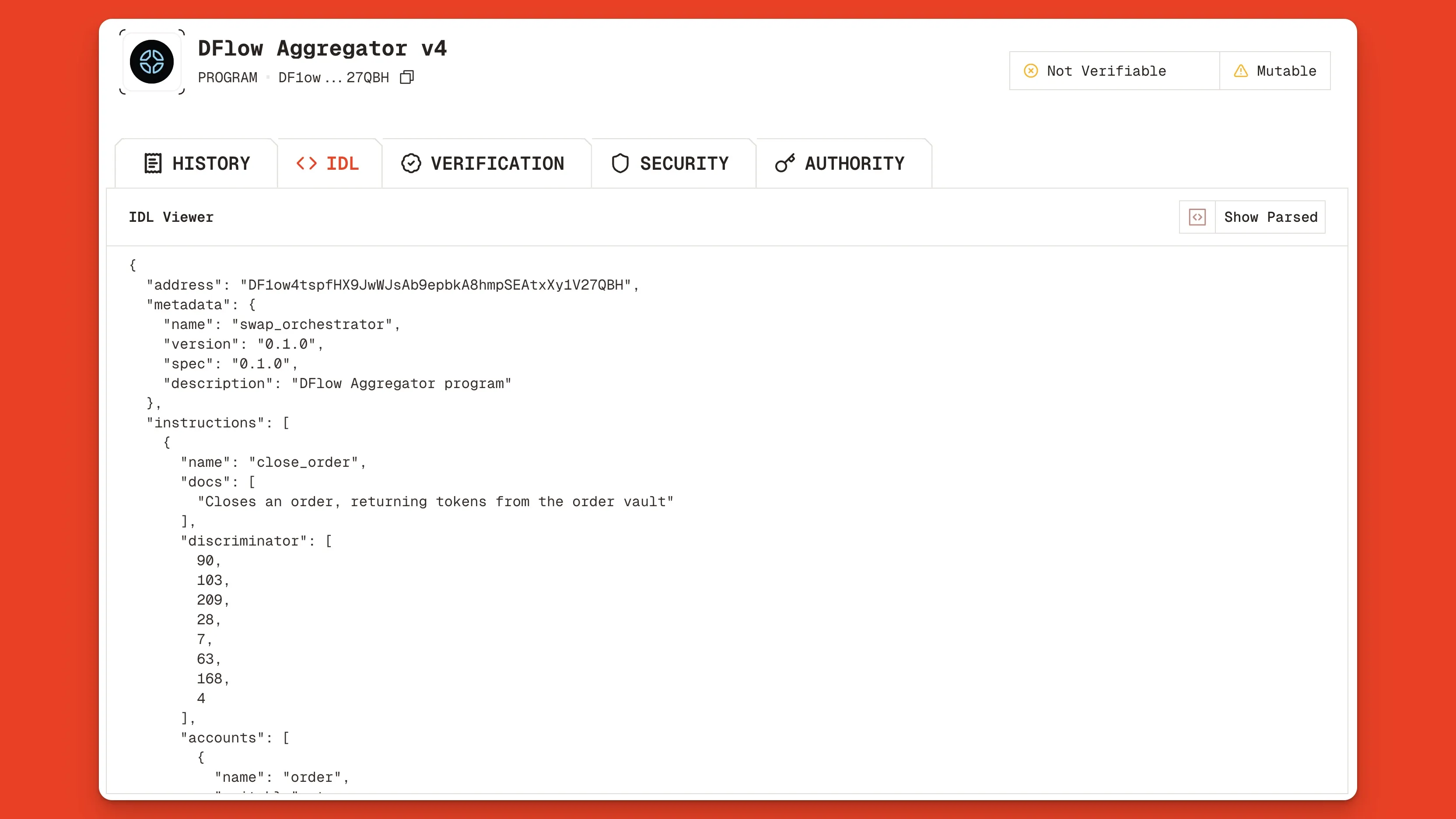 DFlow Aggregator V4 Solana Program IDL on the Orb Explorer's IDL Viewer