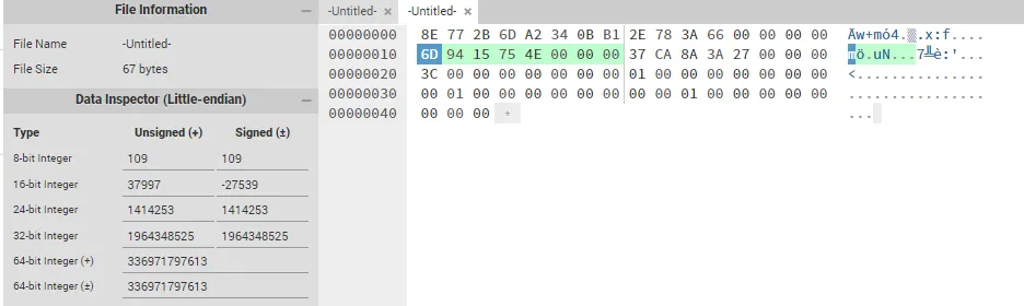 Hexed UI showing bytes that correspond to our input argument 336971797613