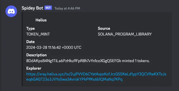 Notification sent by Discord Bot on new token mint
