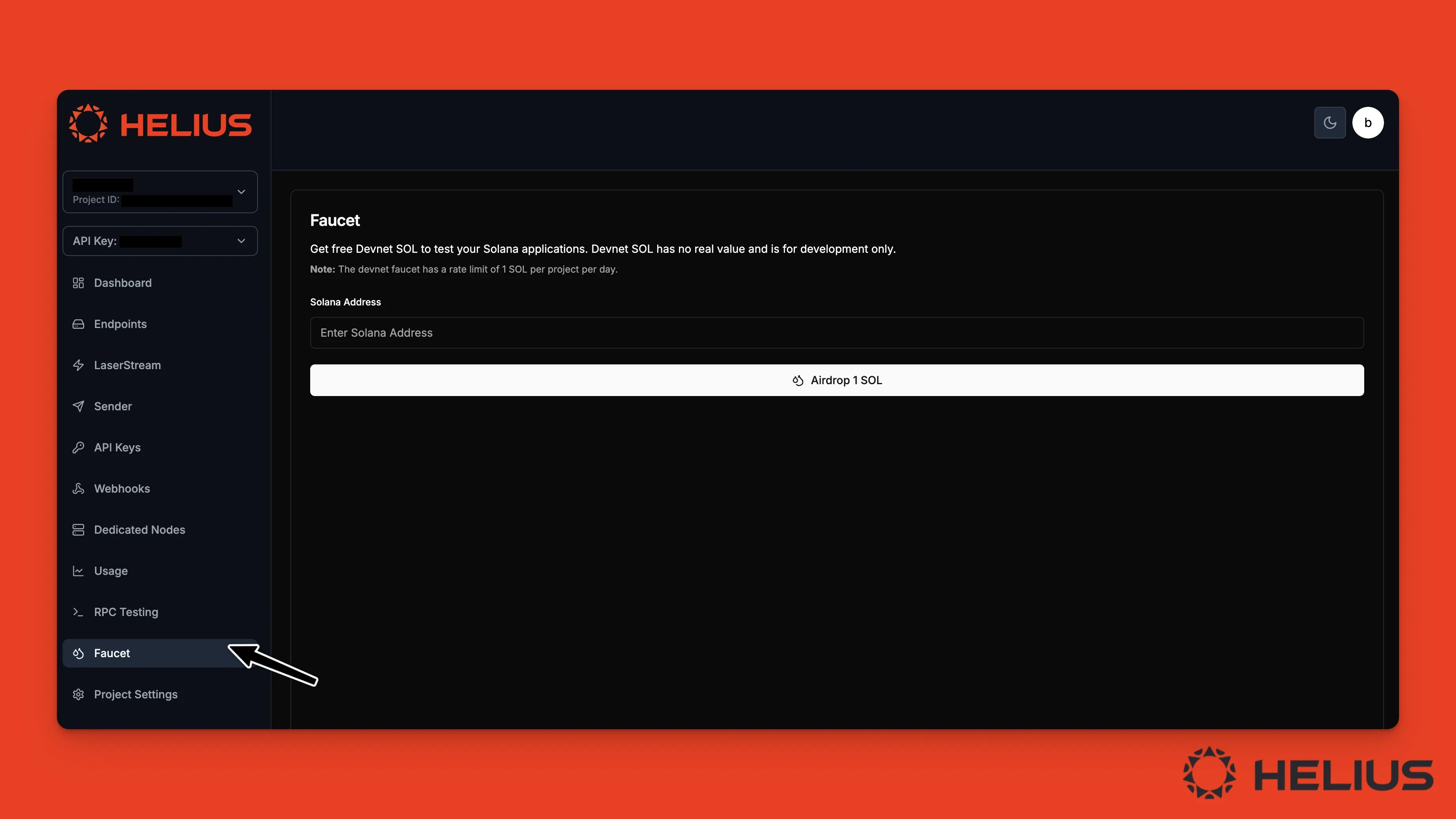 solana devnet faucet in helius's dashboard