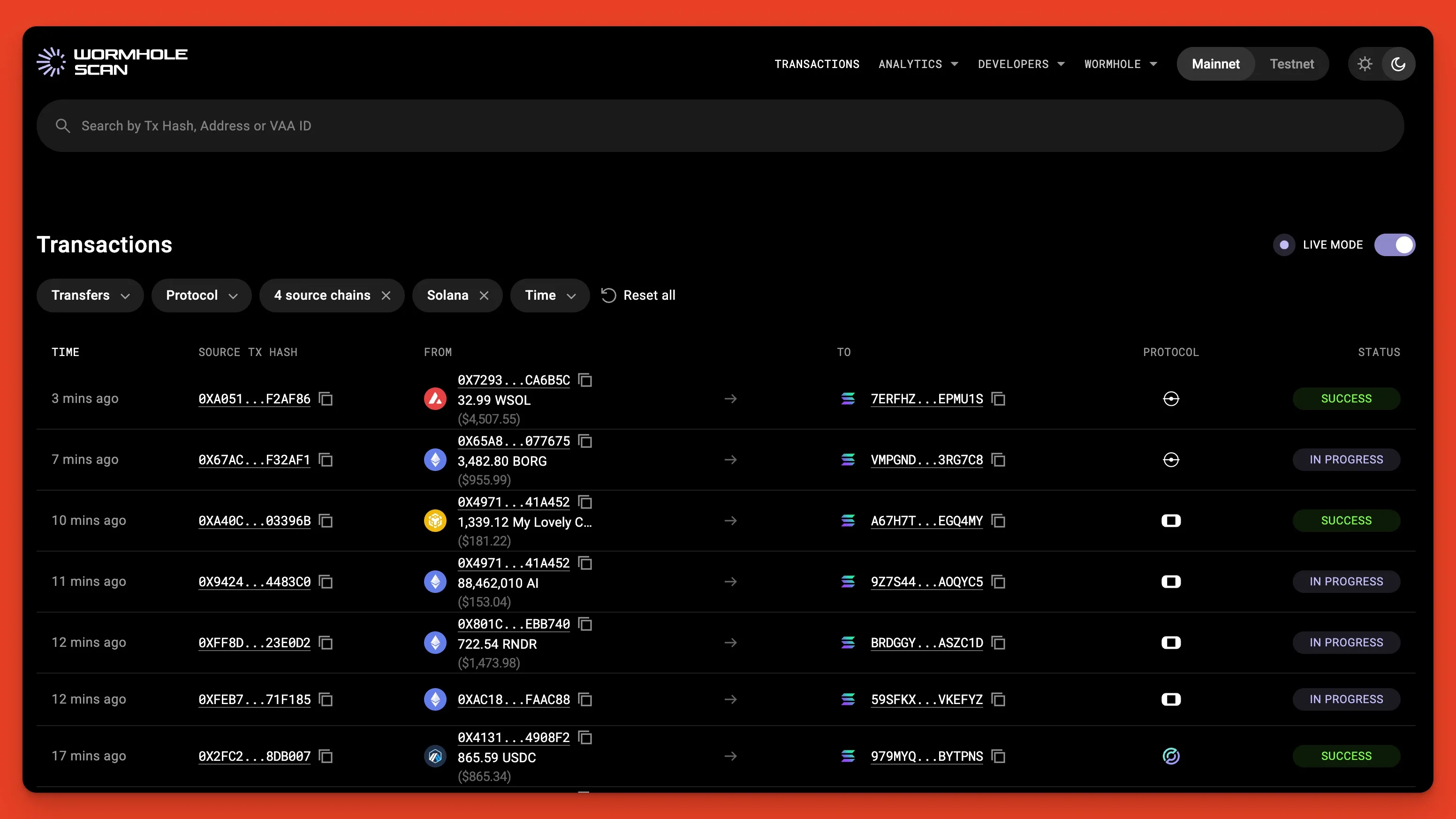 Wormhole explorer showing bridge transactions to Solana