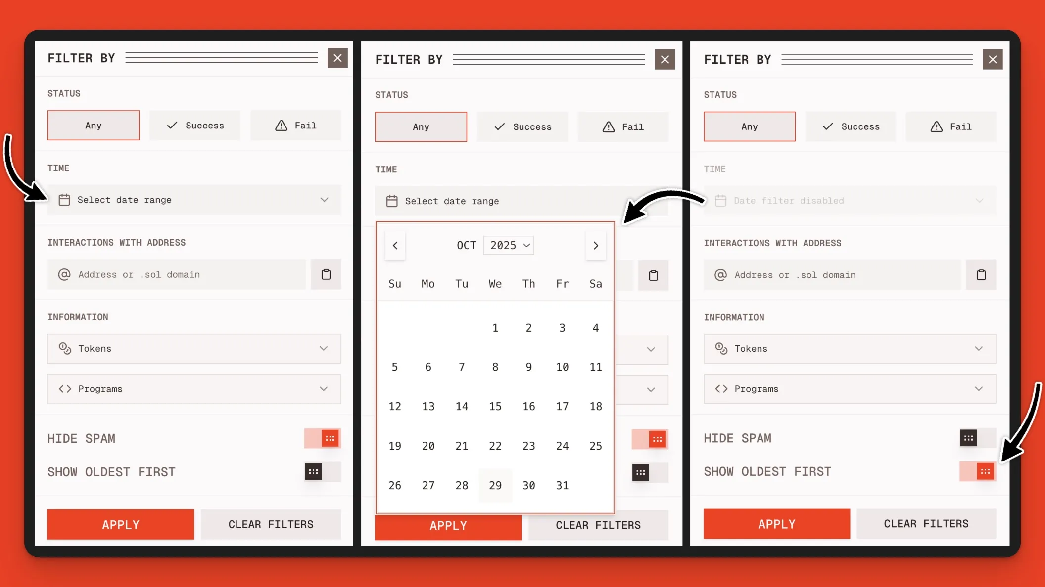 Orb UI displaying time-based filtering options for a Solana wallet's transaction history.