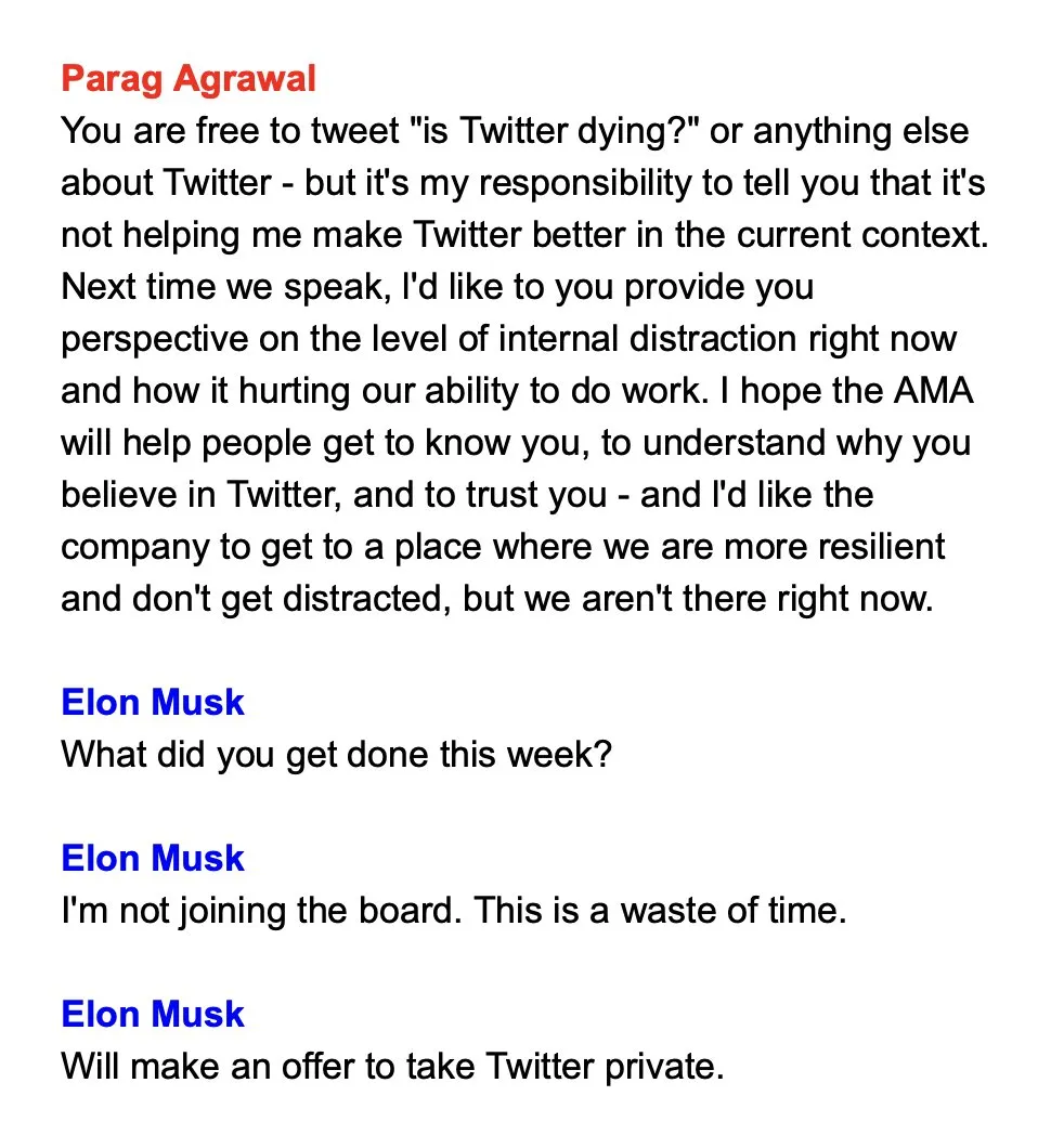 Elon's infamous "What did you get done this week?" text to Parag Agrawal